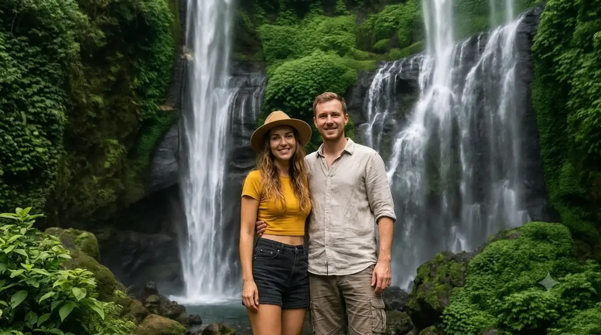A happy tourist couple admiring the breathtaking scenery at Sekumpul Waterfall, standing together amidst lush tropical rainforest, towering cascades, mist-filled jungle surroundings, and dramatic natural landscapes, creating a romantic and unforgettable Bali adventure experience.