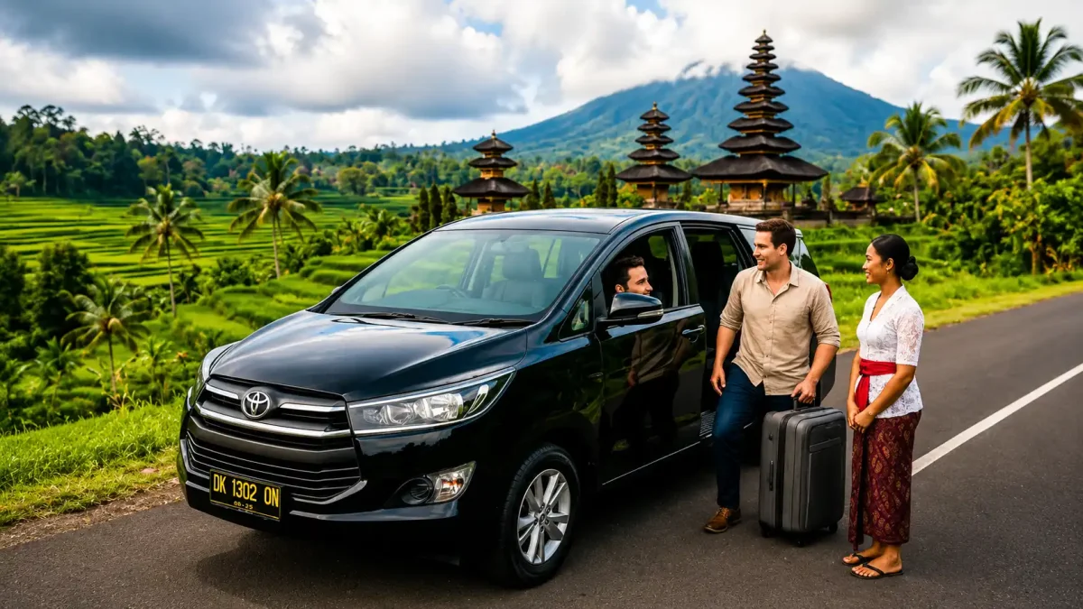 Professional Bali transport service with a comfortable private car and driver transporting tourists across Bali’s scenic destinations.