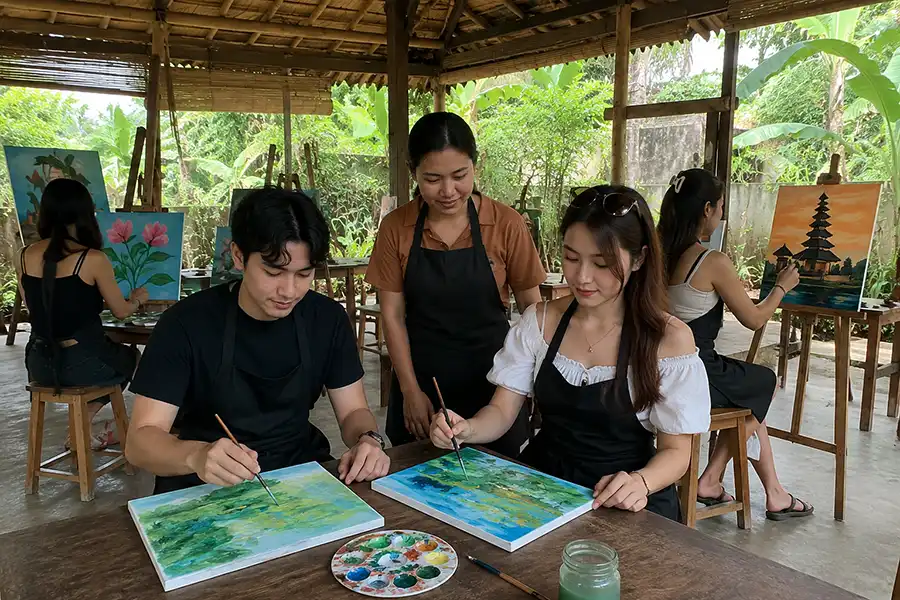 Tourists practicing brush strokes and mixing colors during a relaxing watercolor painting class at a creative art workshop bali. | balitouristic.com