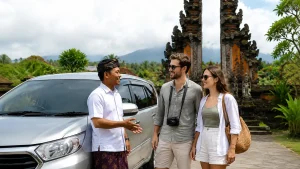 A lineup of modern airport pickup vehicles in Bali, featuring compact cars, spacious MPVs, family vans, and premium SUVs with friendly local drivers ready to welcome travelers, showcasing the best vehicle options for every type of Bali airport transfer.