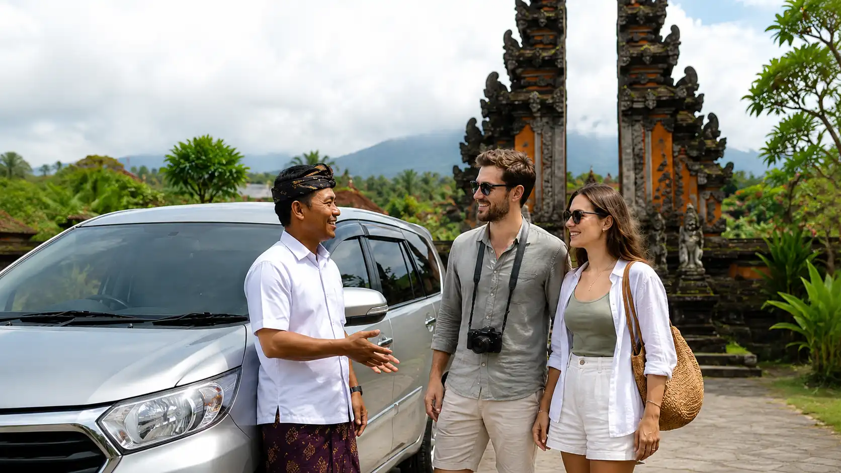 A lineup of modern airport pickup vehicles in Bali, featuring compact cars, spacious MPVs, family vans, and premium SUVs with friendly local drivers ready to welcome travelers, showcasing the best vehicle options for every type of Bali airport transfer.