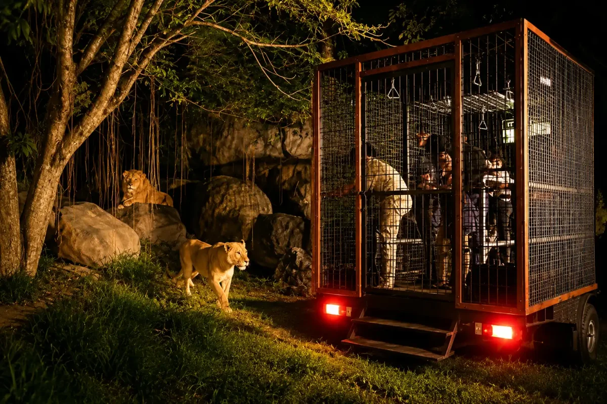 Tourists exploring Bali Safari Night Safari on a tram surrounded by nocturnal wildlife.