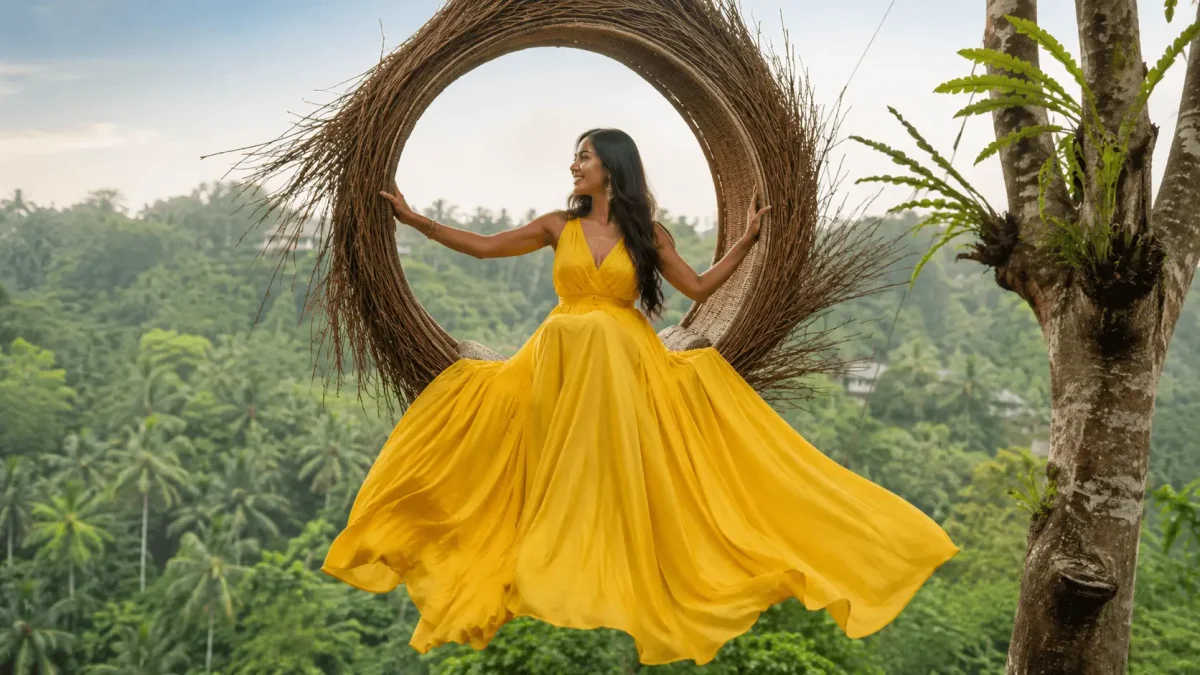Tourist enjoying a Bali Swing experience with lush tropical scenery on a budget Bali vacation.