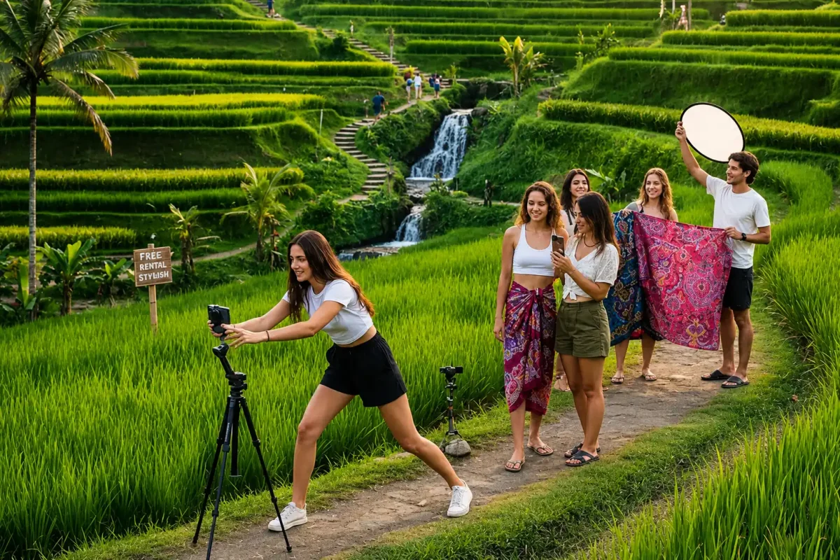 Travelers creating content at a popular Bali TikTok spot featuring stunning tropical scenery and iconic island views.