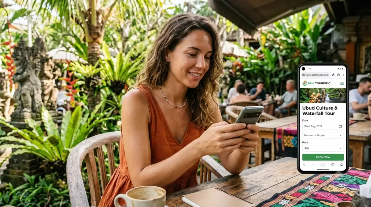 Travelers using smartphones to book Bali tours online while exploring the island’s popular tourist attractions in Bali tourism.