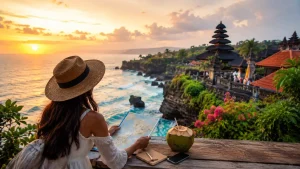 A lady exploring Bali on a budget, enjoying affordable local cafés, scenic rice terraces, beautiful beaches, and comfortable Bali trip budget accommodations while experiencing the island’s tropical beauty with backpacks and a relaxed travel atmosphere.