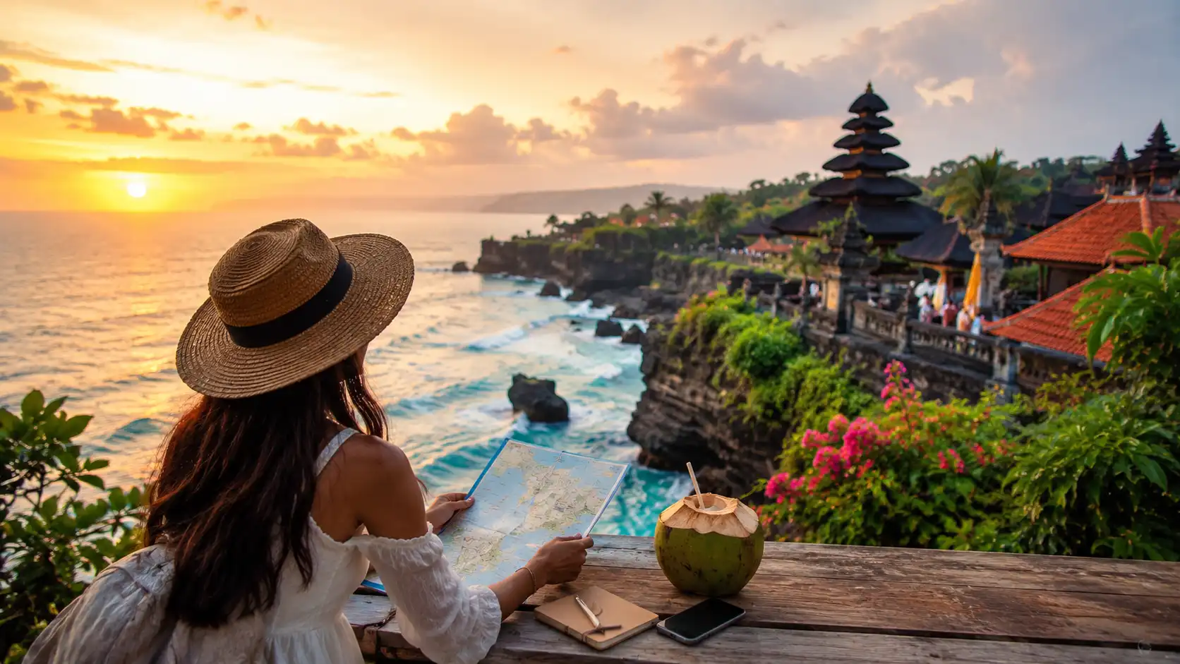A lady exploring Bali on a budget, enjoying affordable local cafés, scenic rice terraces, beautiful beaches, and comfortable Bali trip budget accommodations while experiencing the island’s tropical beauty with backpacks and a relaxed travel atmosphere.