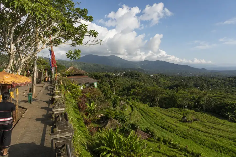 A paved stone lookout path with traditional Balinese umbrellas overlooking a lush green valley with terraced hillsides, a scenic vista at bukit jambul in karangasem.
