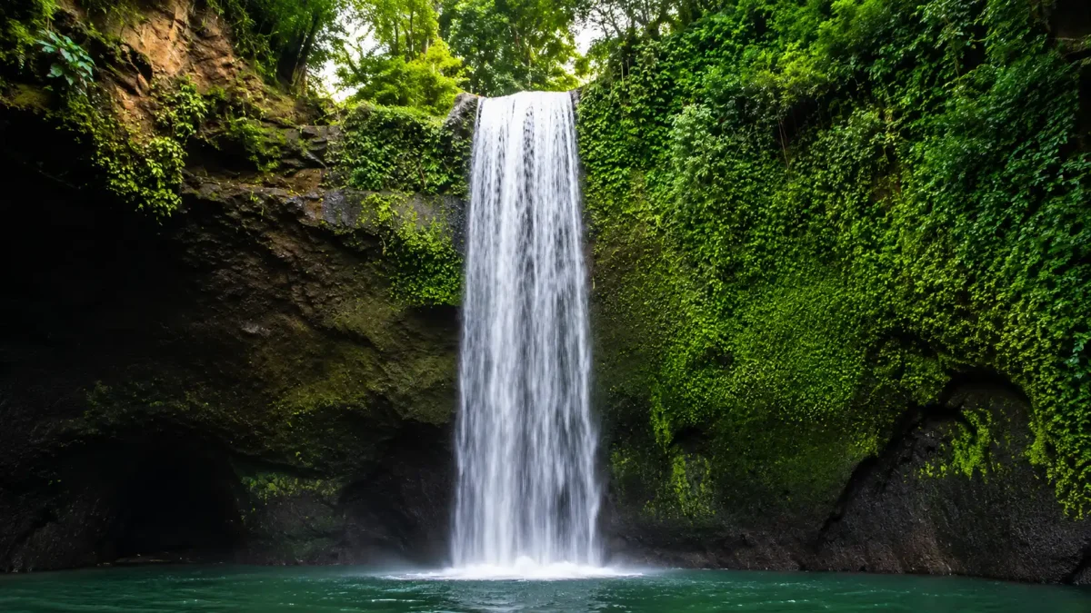 carat waterfall - buleleng interesting places to visit - bali touristic A breathtaking view of Carat Waterfall featuring one of Bali’s tallest waterfalls cascading down a dramatic cliff, surrounded by lush tropical rainforest, rugged canyon walls, misty jungle scenery, and a pristine natural atmosphere in North Bali.