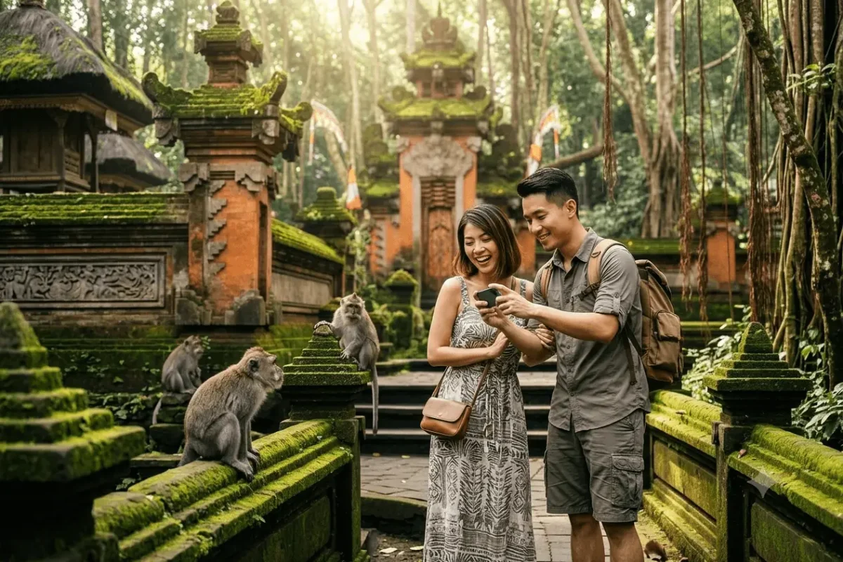 Couple enjoying a peaceful walk through Ubud Monkey Forest, surrounded by lush tropical trees and playful monkeys.