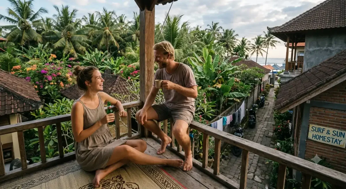 A happy tourist couple enjoying their stay at cheapest hotels in Bali, relaxing by a cozy pool and tropical garden, smiling and sharing memorable moments while experiencing comfortable budget accommodation with a warm island atmosphere.