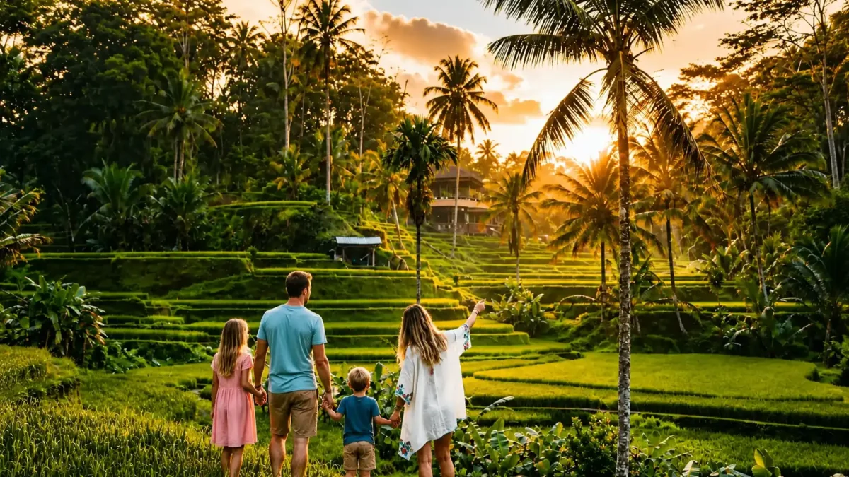 Family walking through the lush green terraces at Tegalalang Rice Terraces in Ubud, Bali.