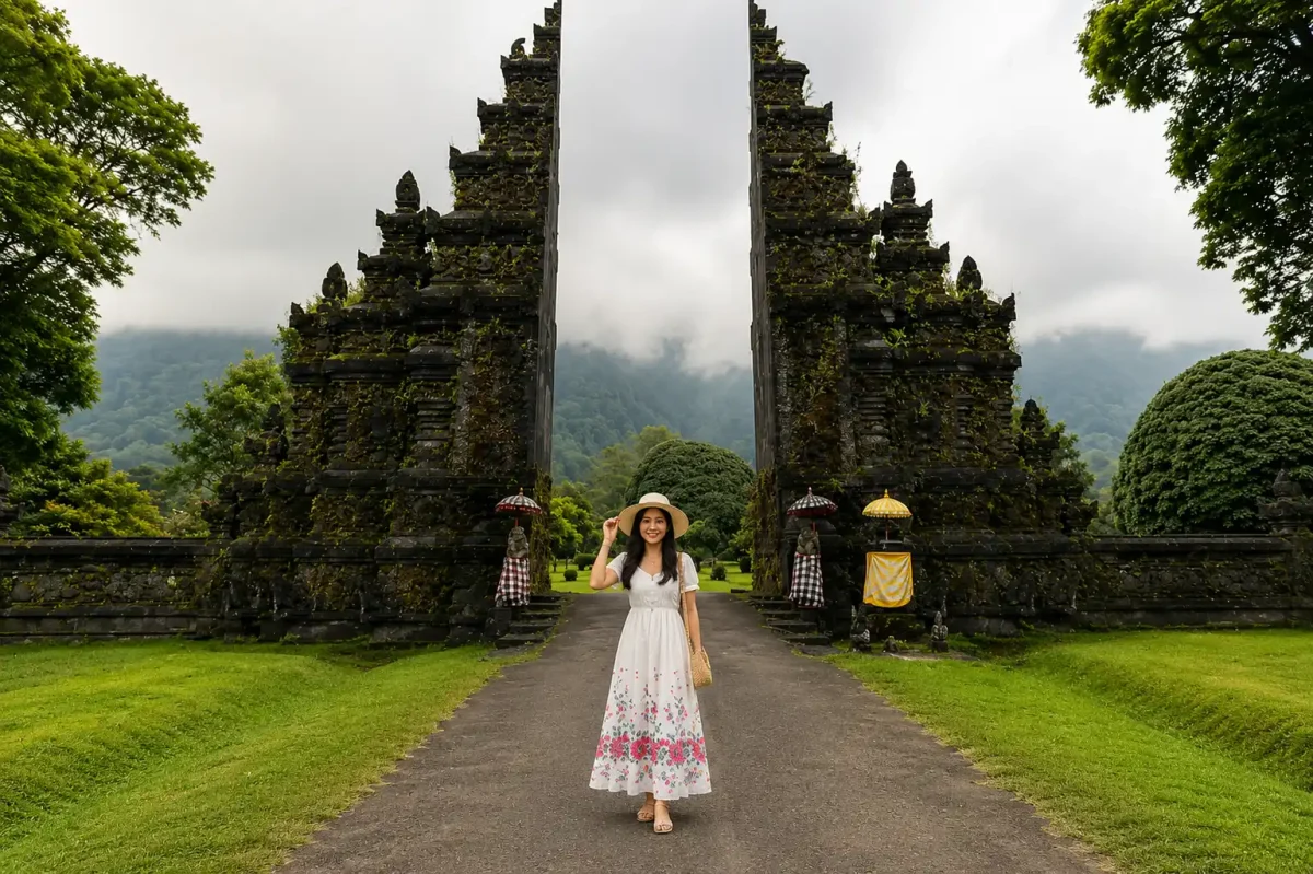 A stylish woman posing for a photo at Handara Gate, surrounded by the iconic split gate, misty mountain scenery, lush tropical gardens, and a peaceful highland atmosphere, capturing one of Bali’s most famous travel moments.