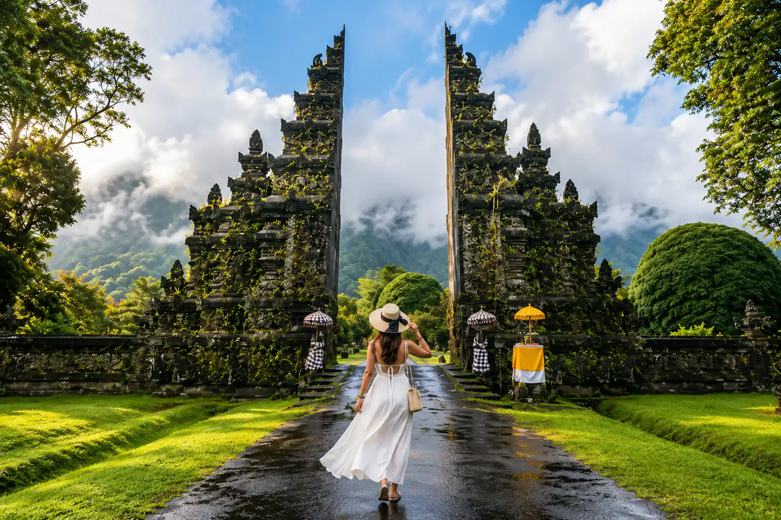A majestic view of Handara Gate featuring the iconic split Balinese gate framed by misty mountains, lush tropical gardens, and a serene highland atmosphere, creating one of Bali’s most recognizable photo spots.