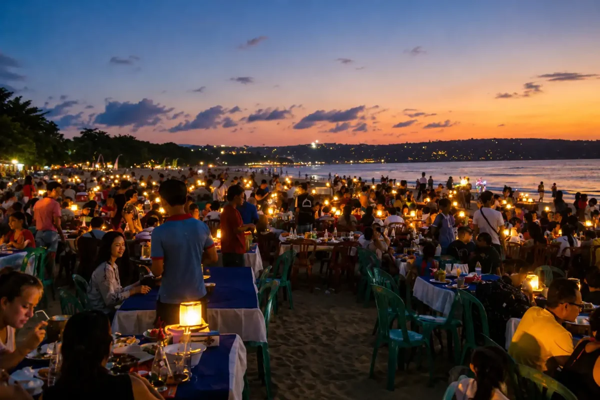 Group of people having dinner at Jimbaran Beach featuring elegantly set tables on the sand, fresh seafood dishes, glowing candlelight, gentle ocean waves, and a spectacular sunset creating a warm and unforgettable tropical dining experience.