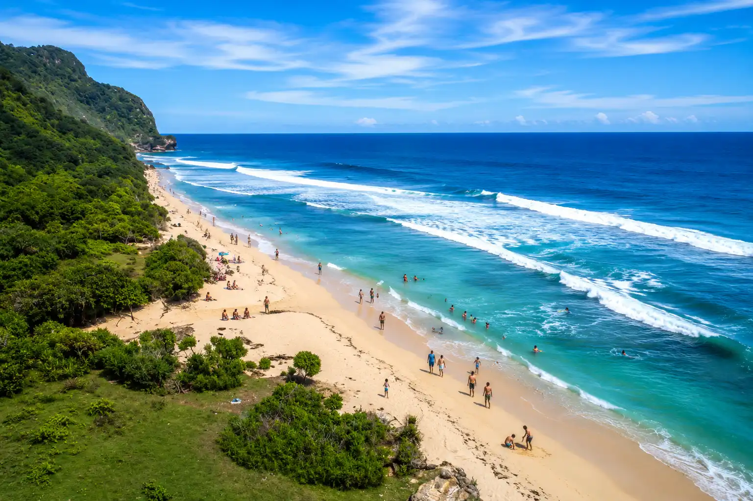 Tourists enjoying the pristine white sand and turquoise waters at Nyang Nyang Beach in Bali.