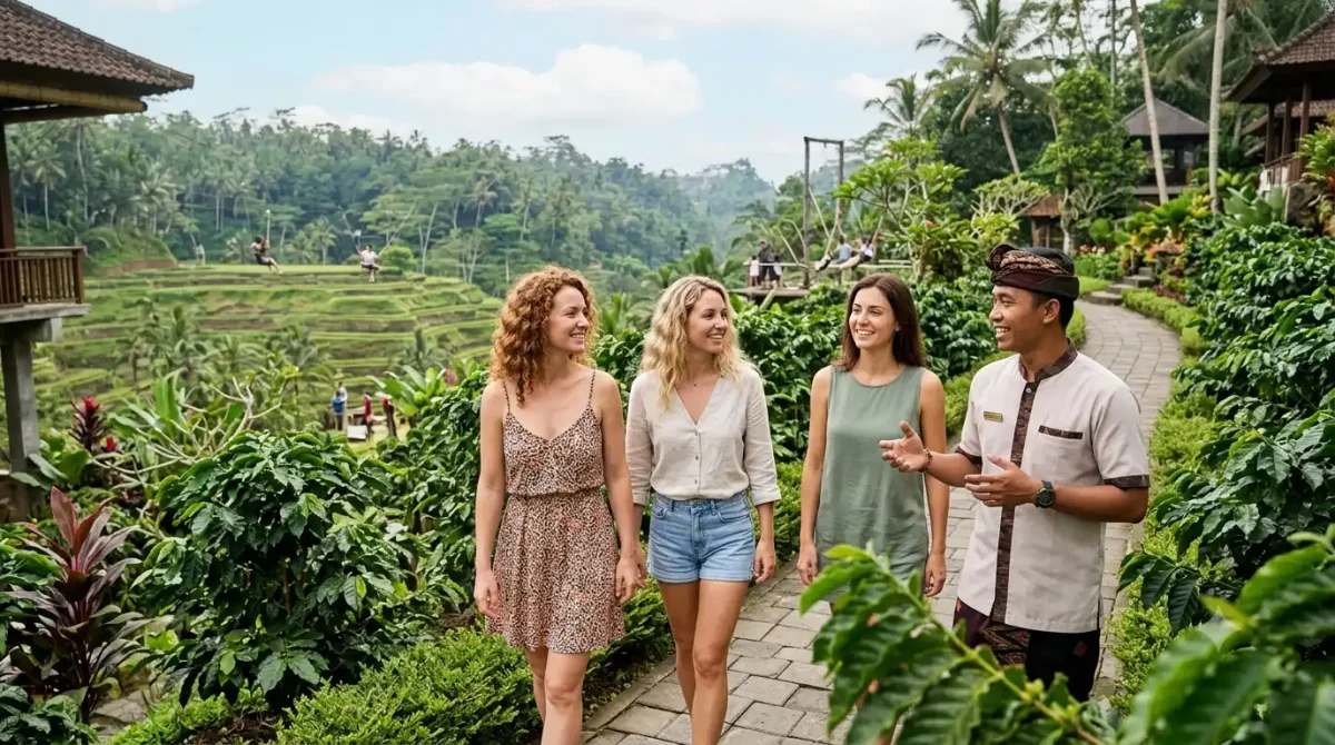 Three happy woman tourists enjoying a private tours in Bali at Alas Harum Bali, exploring lush rice terraces, posing at scenic viewpoints, and experiencing the iconic jungle swing, surrounded by tropical palm trees, beautifully landscaped gardens, and the vibrant natural beauty of Ubud.