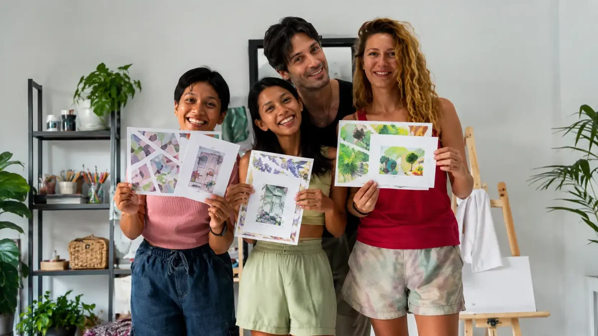 Guests creating artwork during a soul therapy painting session at Puhan Art Class in Ubud, Bali.