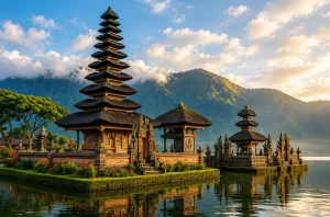 Scenic view of Ulun Danu Beratan Temple reflected on the calm waters of Lake Beratan in Bali.