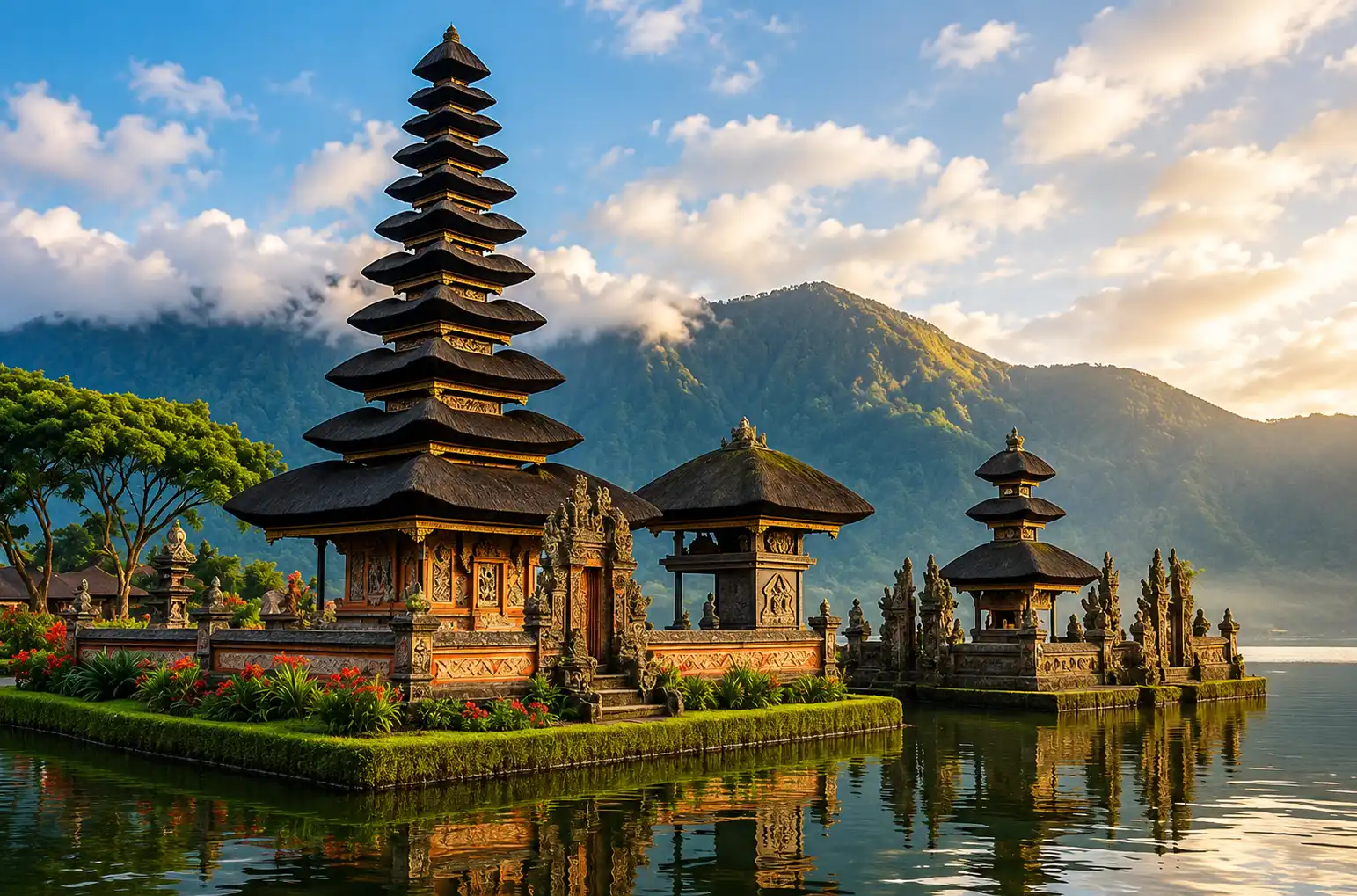 Scenic view of Ulun Danu Beratan Temple reflected on the calm waters of Lake Beratan in Bali