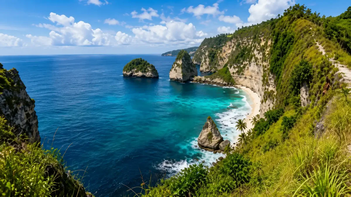 Scenic view from Saren Cliff Point featuring rugged cliffs and crystal-clear ocean in Nusa Penida.