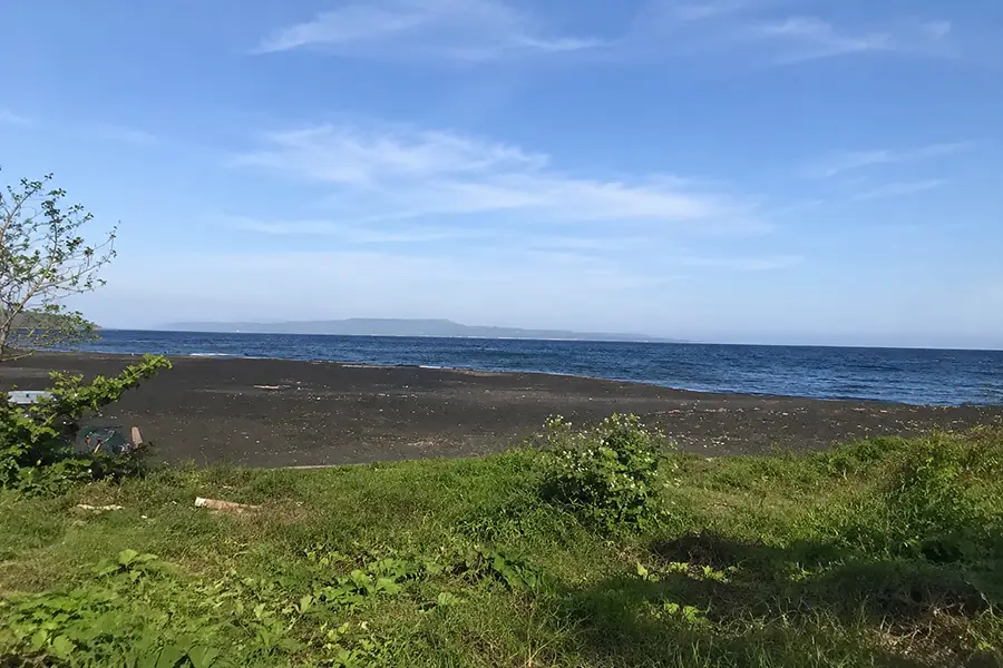 A view from a grassy hill looking out over a wide stretch of dark sand and the calm blue sea at sedayu beach.