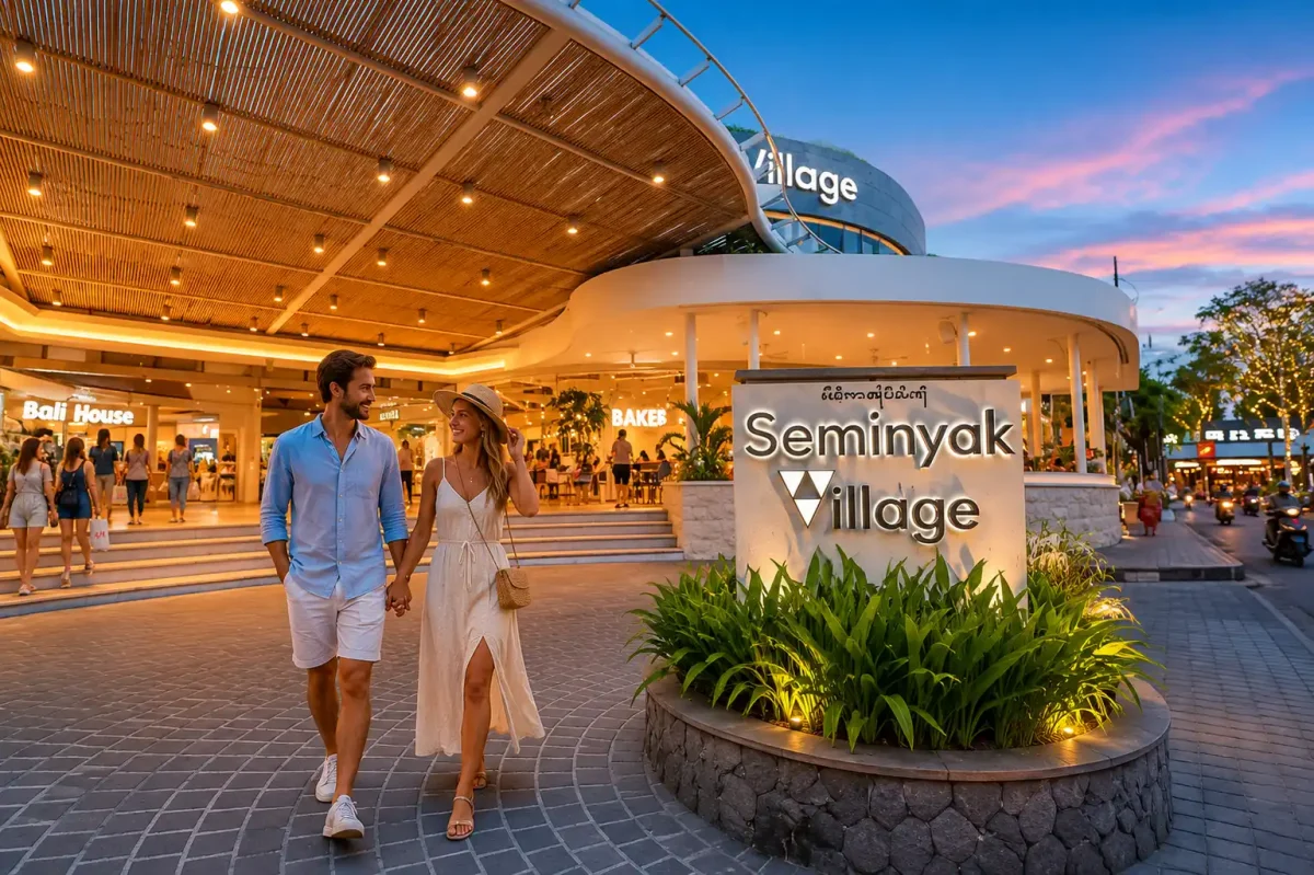 A vibrant view of Seminyak shopping mall featuring stylish streets, boutique shops, trendy cafés, tropical villas, and a lively coastal atmosphere, showcasing one of Bali’s most popular destinations for dining, shopping, and leisure.