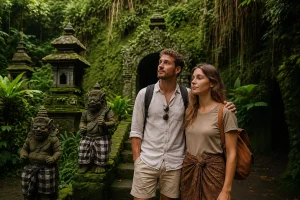 Visitors exploring a tranquil spiritual places in Bali, featuring traditional shrines, stone carvings, and sacred ceremonial elements.