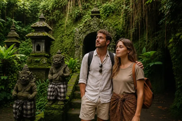 Visitors exploring a tranquil spiritual places in Bali, featuring traditional shrines, stone carvings, and sacred ceremonial elements.