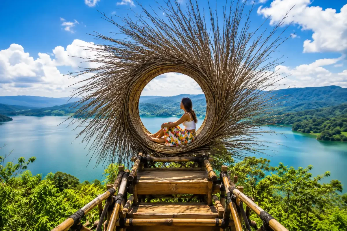 A collage of iconic swing locations in Bali featuring jungle swings above lush rice terraces, tropical valleys, palm forests, waterfalls, and scenic countryside landscapes, showcasing the island’s most popular adventure and photo spots.palm trees while wearing a flowing dress, capturing the beauty and adventure of Bali’s most iconic swing locations.