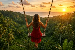 A woman joyfully enjoying a Bali swing in Bali, soaring above lush rice terraces, tropical jungle, and palm trees while wearing a flowing dress, capturing the beauty and adventure of Bali’s most iconic swing locations.