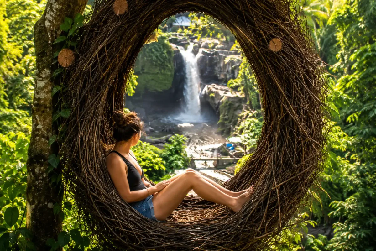 A traveler enjoying a jungle Bali swing  Ubud overlooking Tegenungan Waterfall, surrounded by lush tropical forests, cascading waterfalls, and dramatic river valley scenery, creating an unforgettable Bali adventure experience.