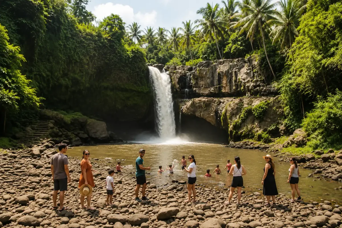 Tourists visiting Tegenungan Waterfall surrounded by lush jungle and cascading water in Bali.
