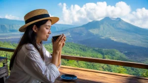A cozy mountain café atmosphere at Tegukopi Kintamani featuring freshly brewed coffee, stylish outdoor seating, breathtaking views of Mount Batur and the surrounding highlands, warm natural lighting, and visitors relaxing while enjoying Bali’s cool mountain ambiance.