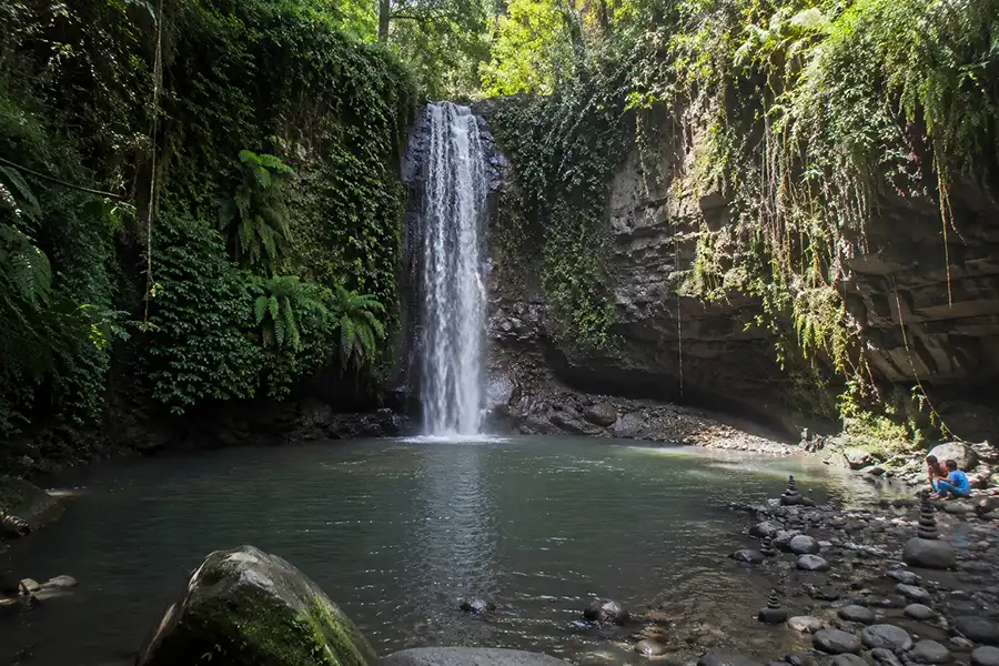A single stream of water cascading perfectly straight down a mossy cliff into a calm natural plunge pool at tibumana waterfall bali.