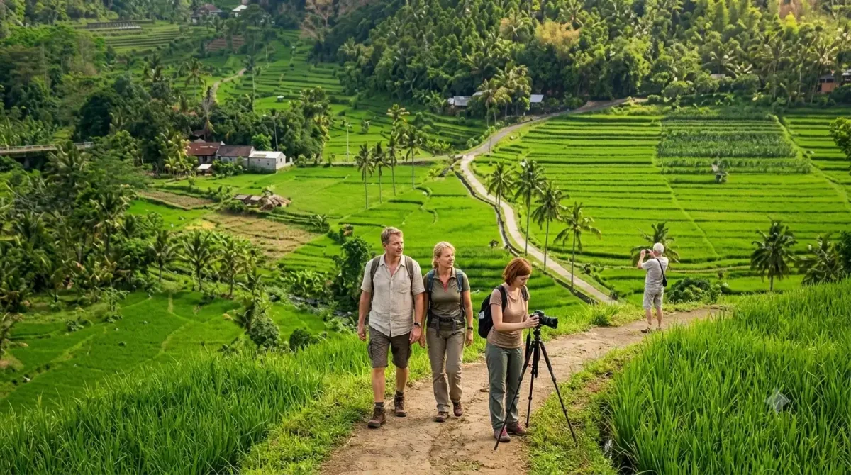 busungbiu rice terrace - buleleng interesting places to visit - bali touristic Tourists exploring the scenic Busungbiu Rice Terrace, walking through lush green rice fields and terraced landscapes while enjoying panoramic countryside views, tropical mountain scenery, and the peaceful atmosphere of rural Bali.