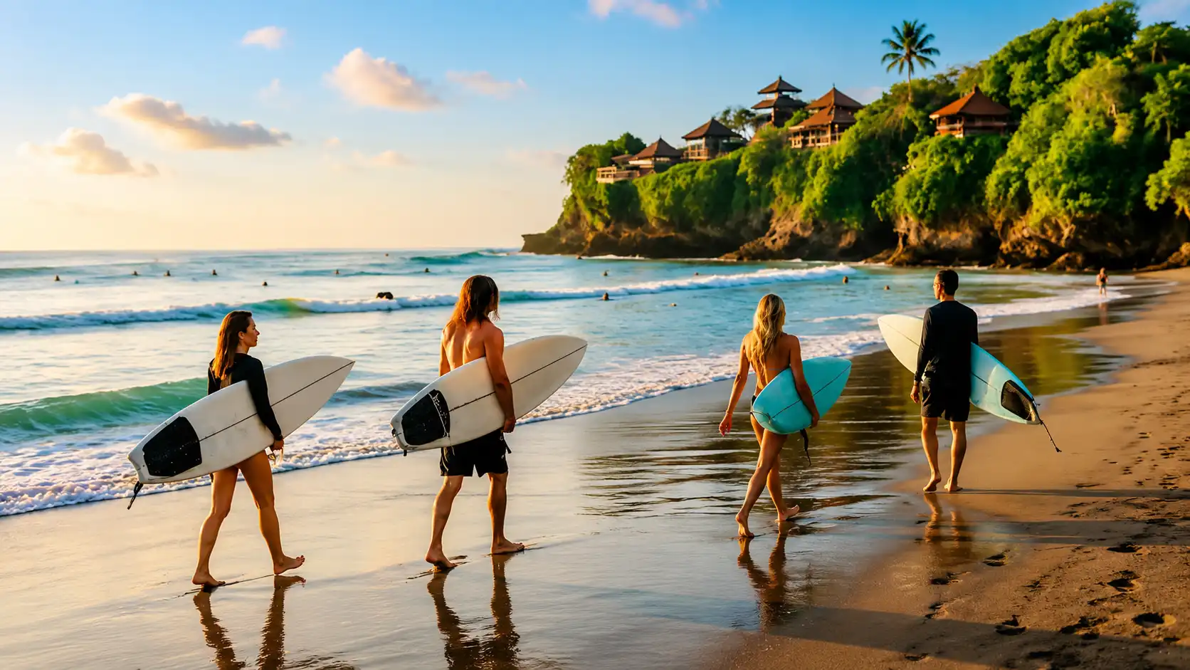 surfer walking with a board at a bali surf spot near uluwatu