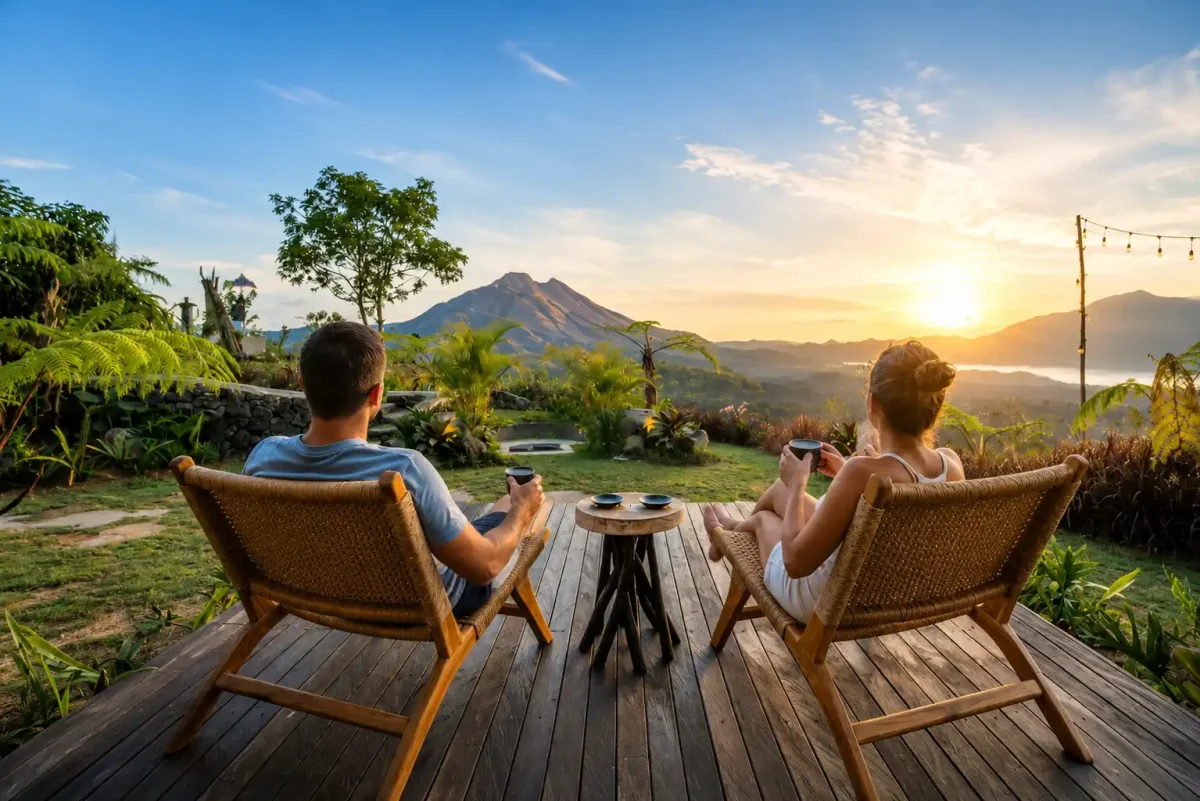 Cozy accommodation in Kintamani with panoramic views of Mount Batur and Lake Batur.