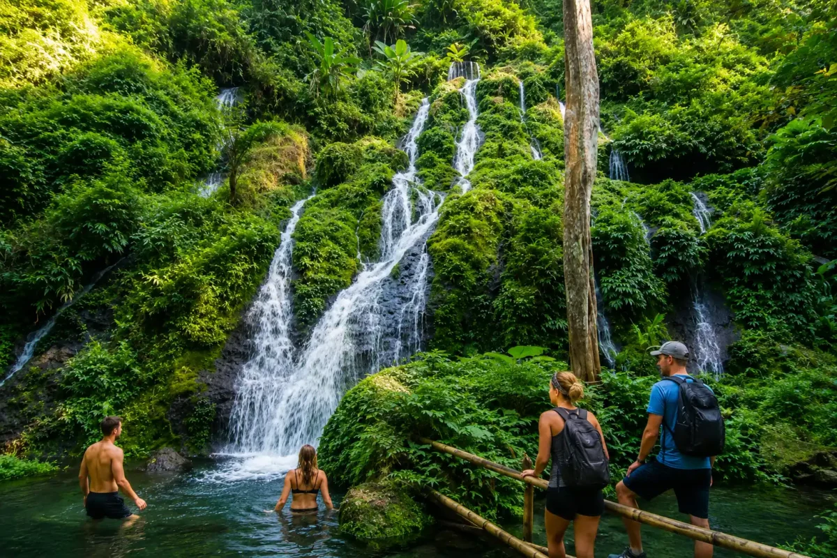 Tourists exploring Langgahan Waterfall surrounded by lush tropical forest in Bali.