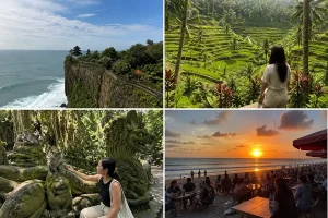 A 4-panel collage featuring Uluwatu Temple, rice terraces, Sacred Monkey Forest, and a sunset beach cafe.