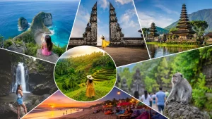 Tourists exploring Bali’s must-visit attractions, including temples, beaches, waterfalls, and lush rice terraces.