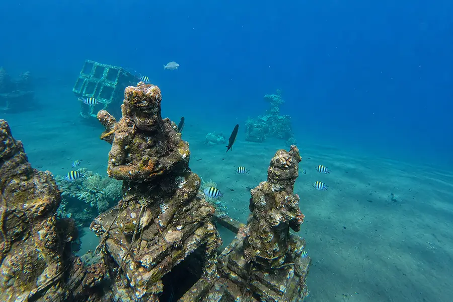 An underwater view of ancient-looking stone statues submerged on the sandy seabed, surrounded by small tropical fish during a nusa penida snorkeling trip.