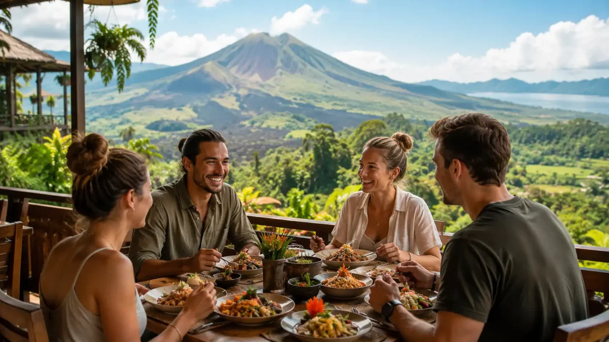 Tourists enjoying a traditional Balinese lunch with panoramic mountain views in Kintamani during having adventure Bali tour.