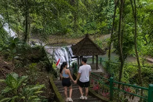 A man and woman walking hand-in-hand down stone stairs toward a wooden gazebo and waterfall in the forest.