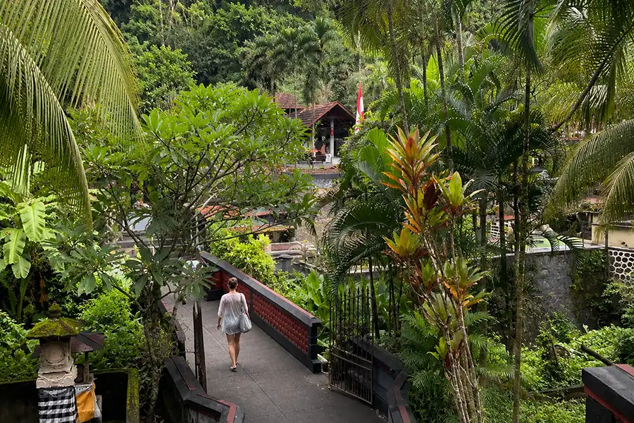 A visitor walking along a stone bridge path amidst lush tropical gardens and palm trees.