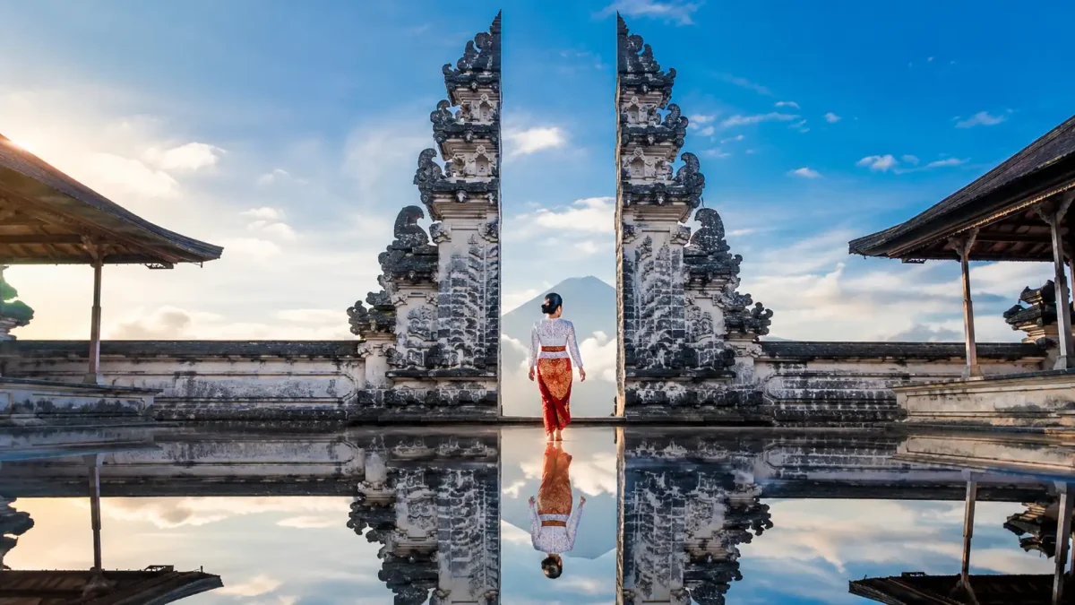 Scenic view of Lempuyang Temple featuring the famous Gates of Heaven in Bali.