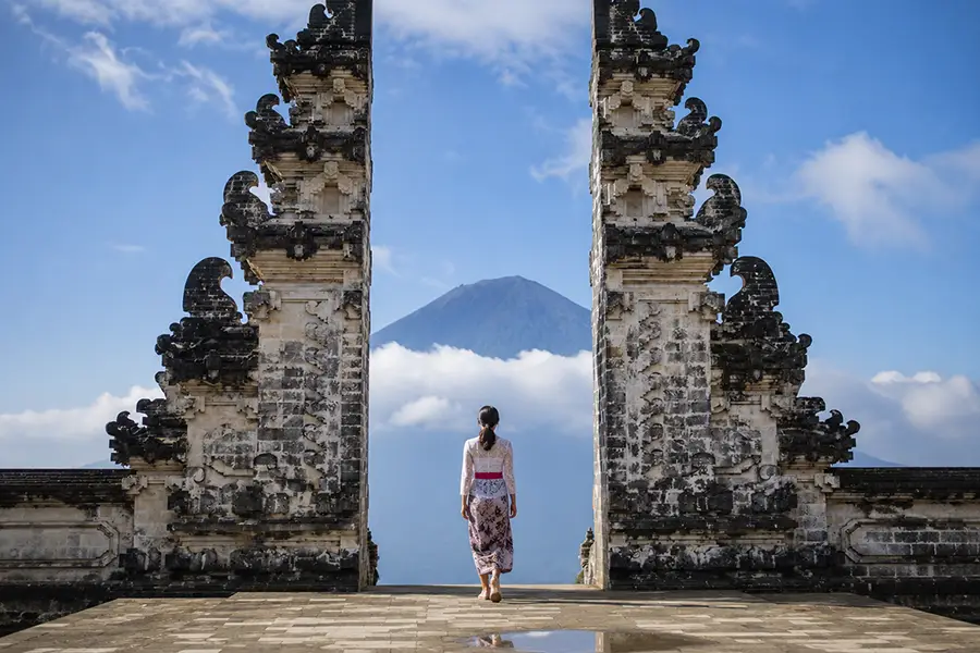 Scenic view of Lempuyang Temple featuring the famous Gates of Heaven in Bali.