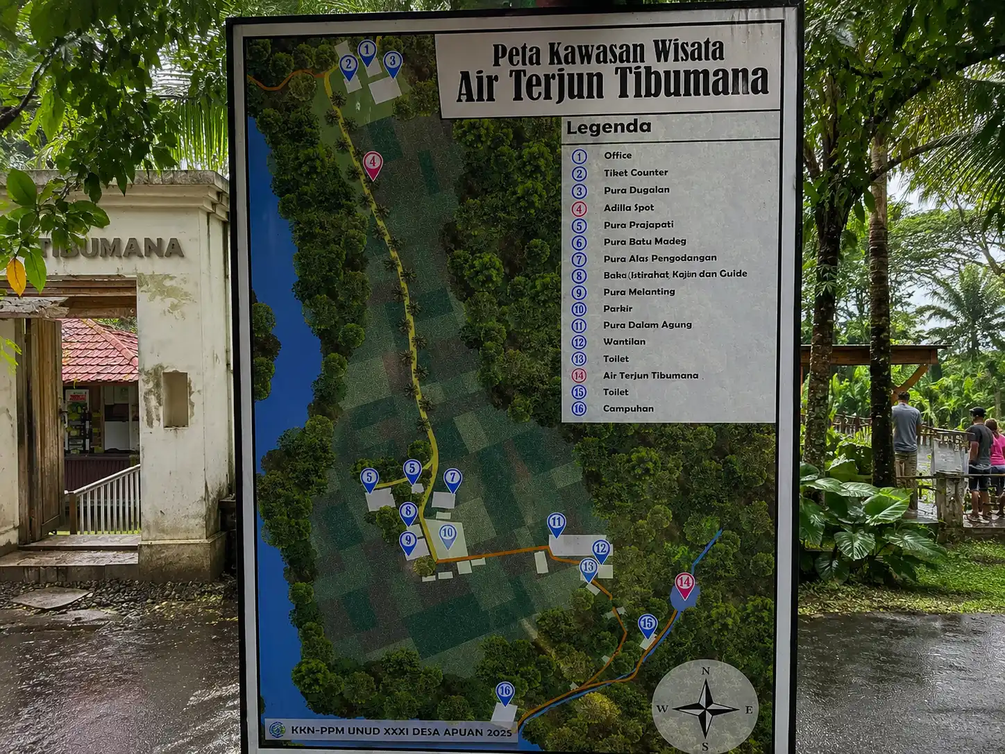 A tourist information map board showing the layout and facilities of the waterfall area.