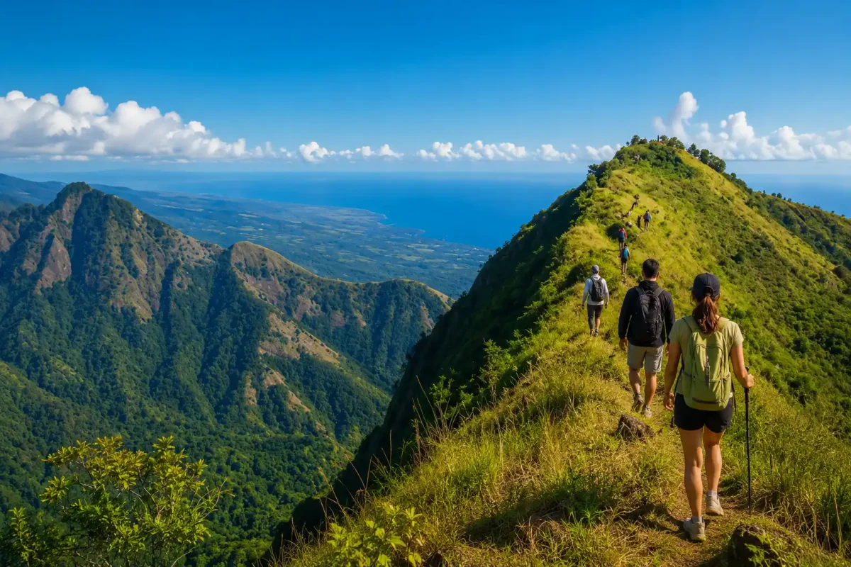 Hikers enjoying an adventure Bali morning trek at Bukit Mende with panoramic mountain and valley views in Bali.
