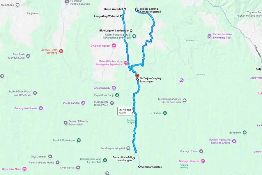 A satellite map showing the trekking route connecting various waterfalls in Sambangan village.